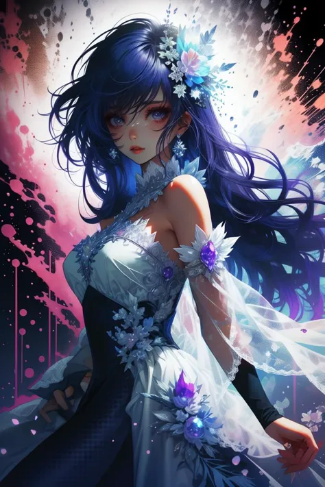 a woman in a white dress with blue hair and flowers