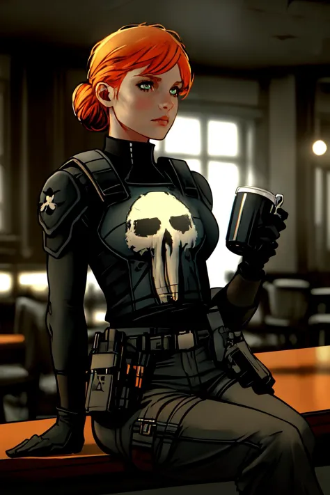 a woman in a black widow suit holding a coffee cup