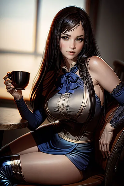 arafed woman in a blue dress holding a cup of coffee