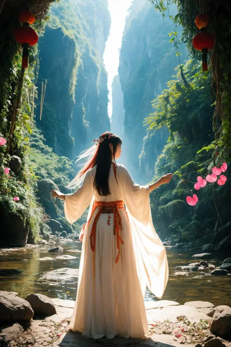 a woman in a white dress standing in a river with flowers