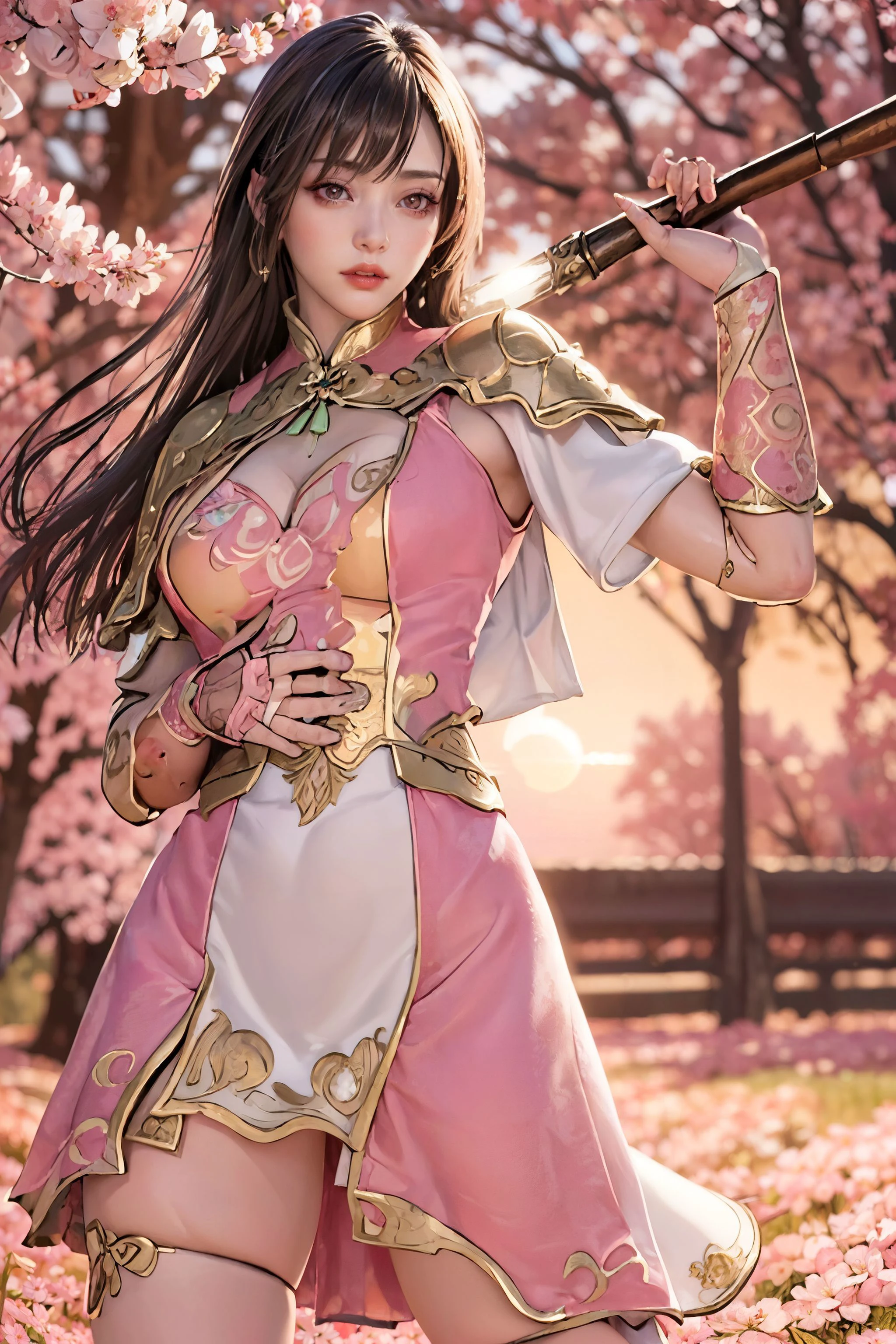 (masterpiece:1.3), (realistic:1.2), (extremely detailed CG:1.0), (intricate details:1.2), (1girl,:1.3) (pale skin:1.1), symmetrical background, blurry background, (perfect anatomy:1.2), lustful expression,  long black hair, wearing a pink and blue armor dress, dynamic pose, ((in a pink sakura garden at sunset)), golden hour, rim light, low light