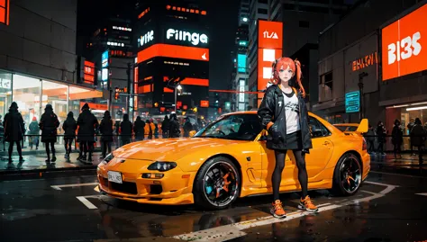 (masterpiece, best quality, absurdres), 1girl standing next to a car, long hair, black hair, beanie, athletic outfit, orange soc...
