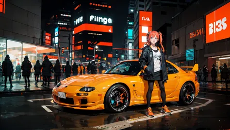 (masterpiece, best quality, absurdres), 1girl standing next to a car, long hair, black hair, beanie, athletic outfit, orange socks , sneakers, cyberpunk, science fiction, retrowave lights, cinematic lighting, daytime, city, on street, heavy rain, wide shot, orange CAR, FD3S,