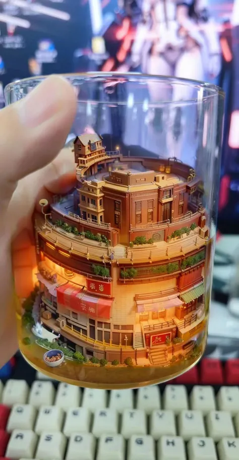 someone holding a glass with a building inside of it