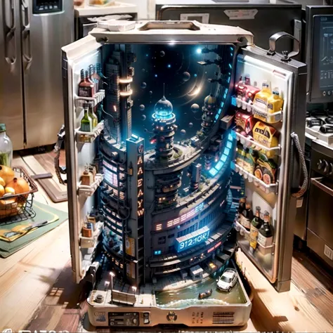 there is a refrigerator with a space ship inside of it