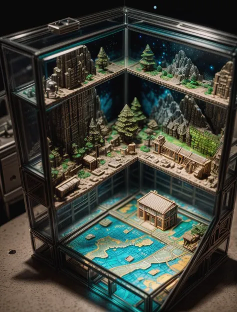 a close up of a display case with a model of a city