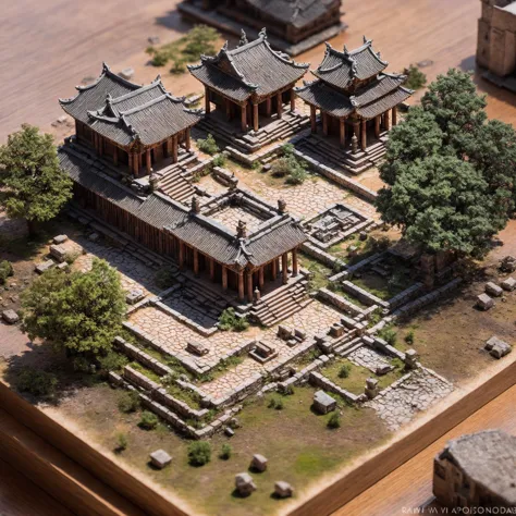 a close up of a model of a building with a lot of trees