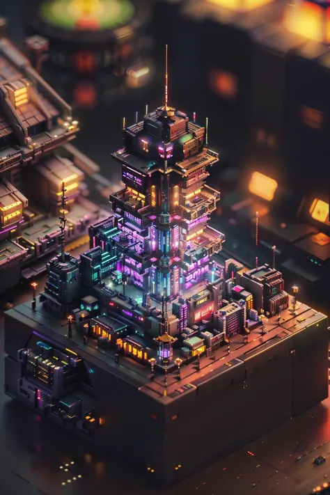 a close up of a city with a tall tower at night