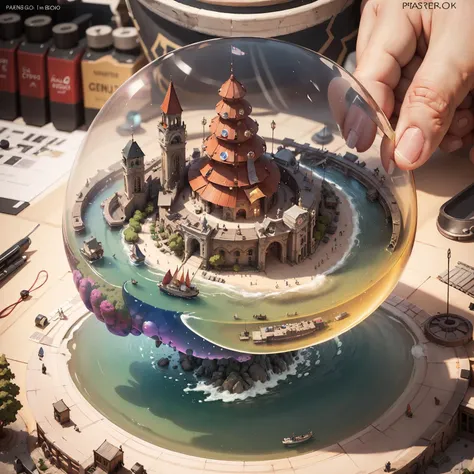 someone is holding a glass ball with a miniature castle inside