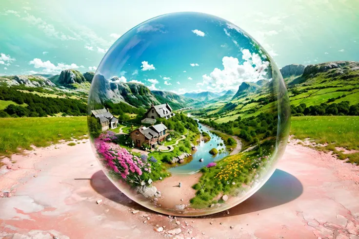 a close up of a glass ball with a picture of a mountain