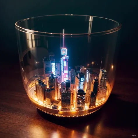 a close up of a glass with a city in it