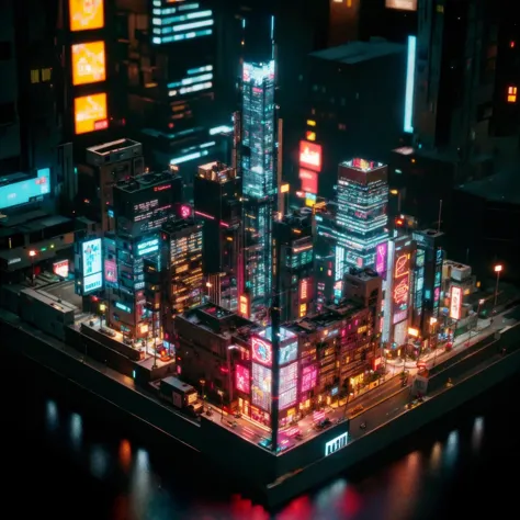 a close up of a city at night with neon lights