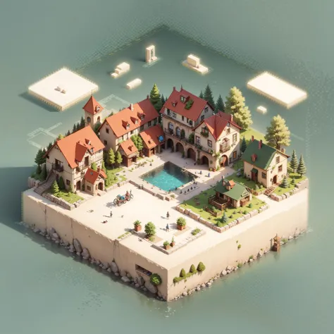 a close up of a small island with a pool and a house