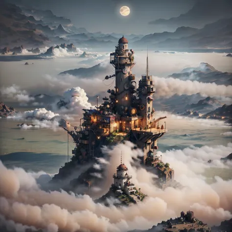 a castle in the clouds with a full moon above it