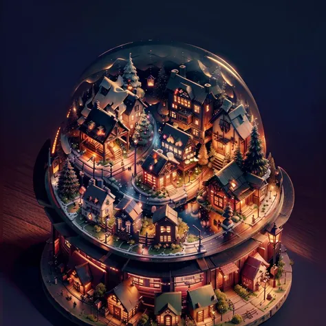 a close up of a snow globe with a town inside of it