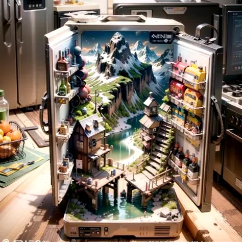 there is a refrigerator with a picture of a mountain scene inside of it