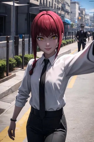 anime girl with red hair and tie holding a gun