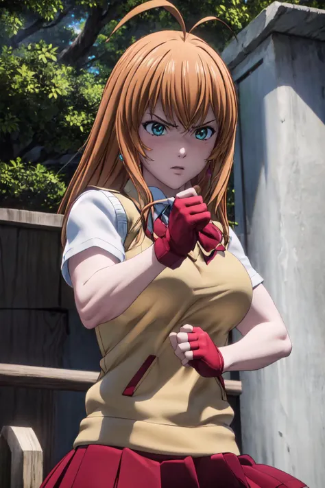 anime girl in a school uniform holding a knife and a knife