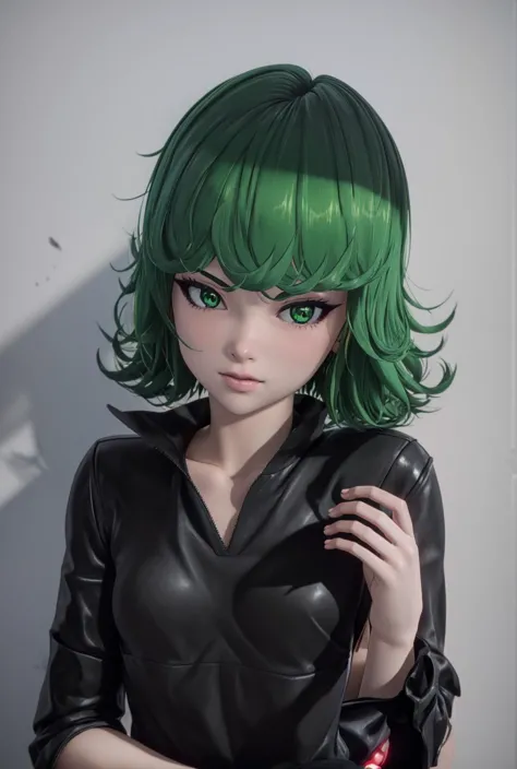 a close up of a person with green hair and a black shirt