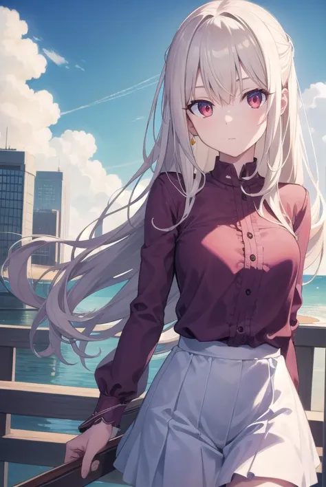 anime girl with long white hair standing on a bridge