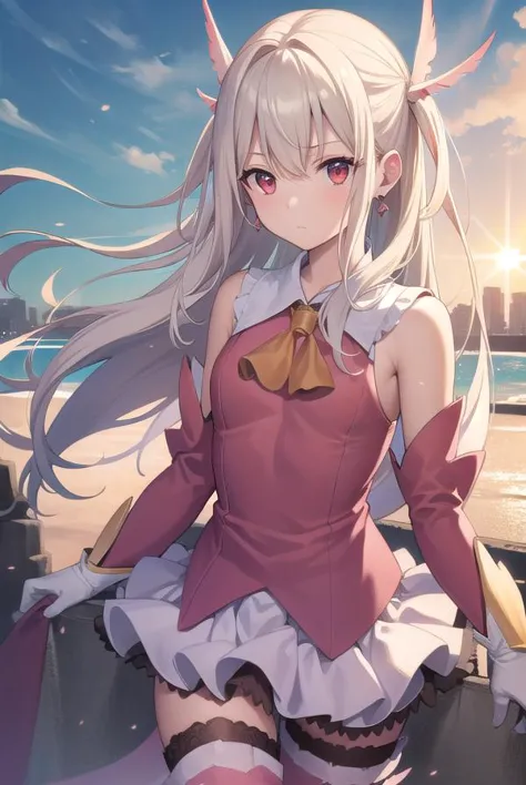 illyasvielvoneinzbern, <lyco:illyasvielvoneinzbern-lyco-nochekaiser:1>,
illyasviel von einzbern, blonde hair, hair between eyes, long hair, (red eyes:1.5),
BREAK boots, detached sleeves, earrings, feather hair ornament, feathers, gloves, hair ornament, jewelry, layered skirt, long sleeves, magical girl, miniskirt, pink footwear, pink shirt, pink sleeves, pleated skirt, shirt, skirt, sleeveless, sleeveless shirt, staff, thigh boots, thighhighs, wand, white feathers, white gloves, white skirt, zettai ryouiki,
BREAK outdoors, city, sky, cloud, sun,
BREAK looking at viewer, (cowboy shot:1.5),
BREAK <lyco:GoodHands-beta2:1>, (masterpiece:1.2), best quality, high resolution, unity 8k wallpaper, (illustration:0.8), (beautiful detailed eyes:1.6), extremely detailed face, perfect lighting, extremely detailed CG, (perfect hands, perfect anatomy),