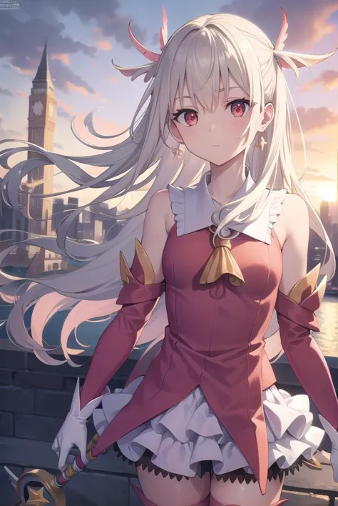 anime girl with long white hair and pink dress standing in front of a city