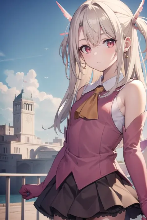 anime girl with horns and a pink dress standing in front of a castle