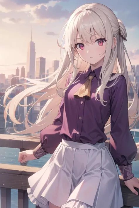 anime girl with long white hair standing on a bridge overlooking a city