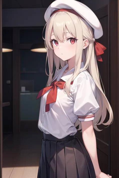 anime girl in uniform standing in a hallway with a red bow