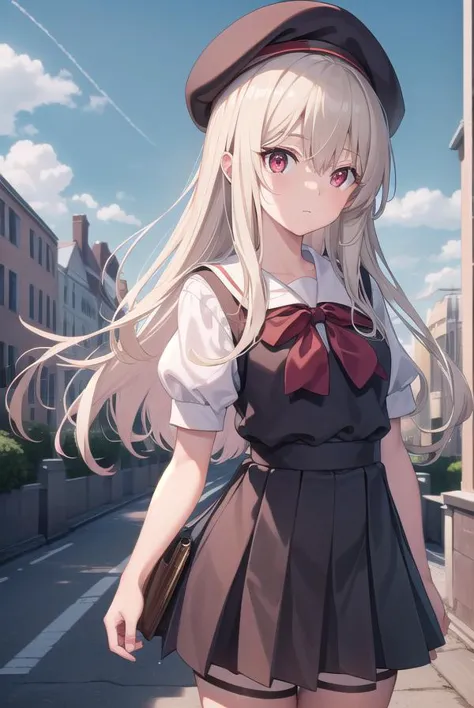 anime girl in a school uniform walking down a street