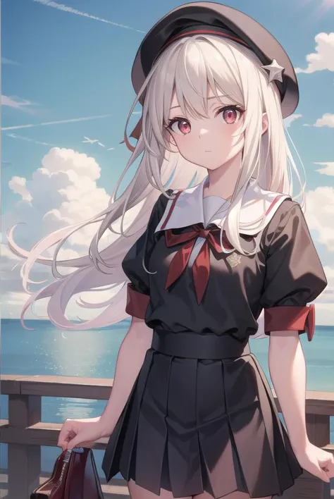 anime girl with white hair and a black dress and hat