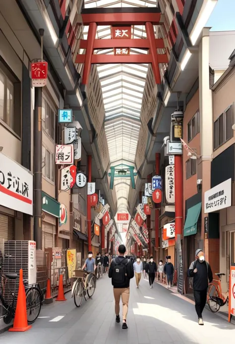 people walking down a street lined with shops and stores