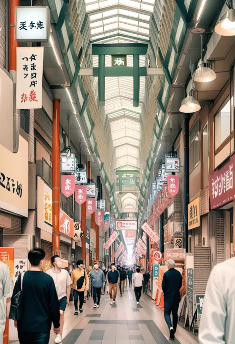 people walking down a shopping mall with signs hanging from the ceiling