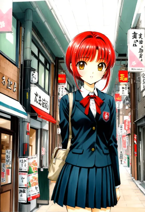 anime girl in school uniform walking down a street with a handbag