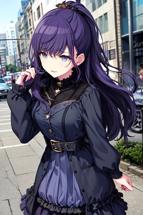 anime girl in a black dress and purple hair walking down a street