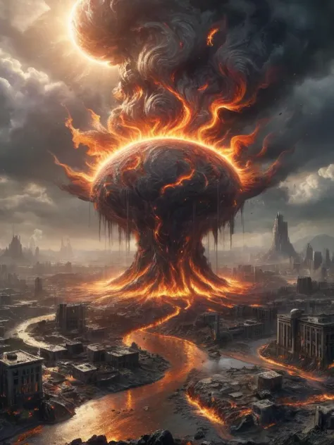 depiction of ral-sun raining molten ashes onto a devastated wastleland, hopeless, desolation, natural disaster of epic proportions, city, <lora:ral-sun:1>