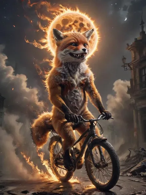 a fox riding a bike with a fire on it