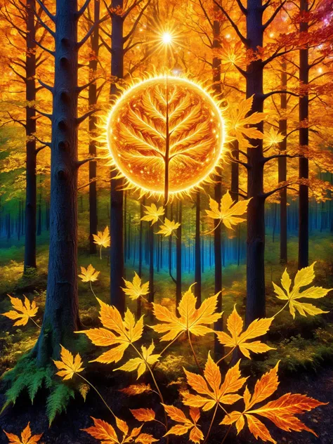 a painting of a sun in the middle of a forest