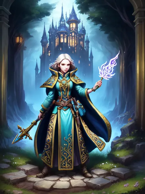 pmini style,  a painted miniature of a female human mage, close-up shot, the background is the library in a wizard tower, detail...