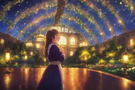 (masterpiece,best quality:1.6), scenery, extremely detailed, detailed background, anime, 1girl, young girl, short girl, sci-fi, science fiction, outdoors, night, starry sky, greenhouse, megastructure, bio-dome, landscape, scenery, horizon, rooftop, sitting on rooftop, wind, looking away, atmospheric lighting, solo focus, close up, from side, depth of field, bokeh, <lora:VioletEvergarden-000006:0.7>,