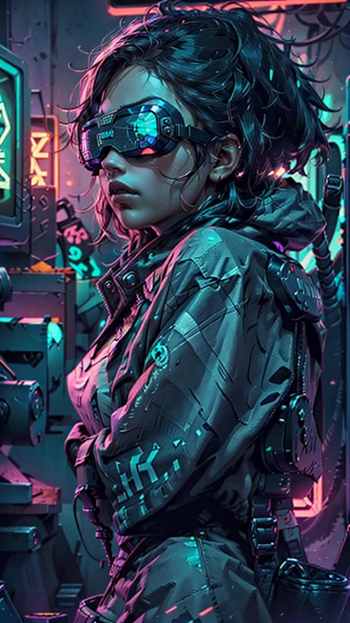 ((最高品質)), ((傑作)), (非常に詳細な:1.3), 3D,ネオンブラック, 美しいサイバーパンク女性,(大きくてハイテクなヘッドマウントディスプレイを装着する:1.2),ケープを着る,コンピュータ端末のハッキング,モニターからの紫色のネオンライト, 壁に緑のネオンサイン,
