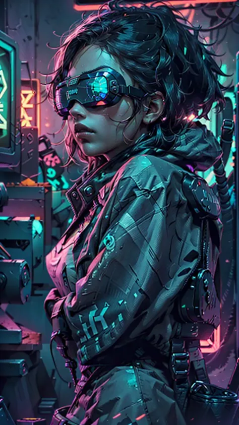 ((Best quality)), ((masterpiece)), (highly detailed:1.3), 3D,NeonNoir, beautiful cyberpunk woman,(wearing head-mounted display that is chunky and hi-tech:1.2),wearing a cape,hacking a computer terminal,PURPLE NEON LIGHT FROM MONITOR, GREEN NEON SIGNS ON THE WALL,<lora:head-mounted display3:0.8><lora:NijiExpressV2:0.6> <lora:NeonNoir:0.6>