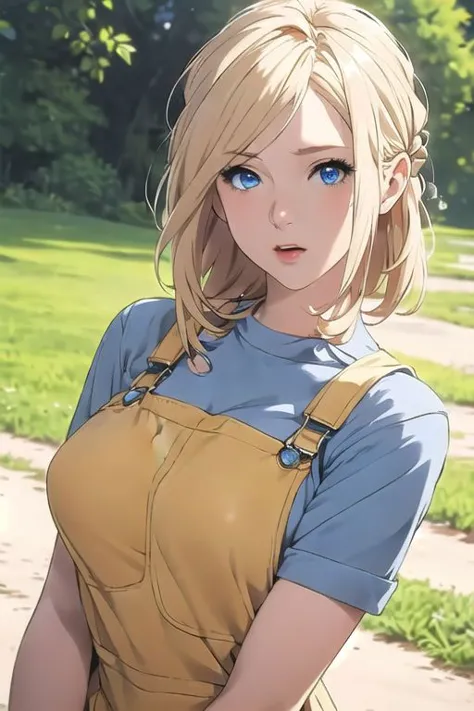 masterpiece, best quality, ultra-detailed, 1girl, overalls, no bra,, busty,Naked and overalls.,
blond hair,blue eyes,adult-like,...