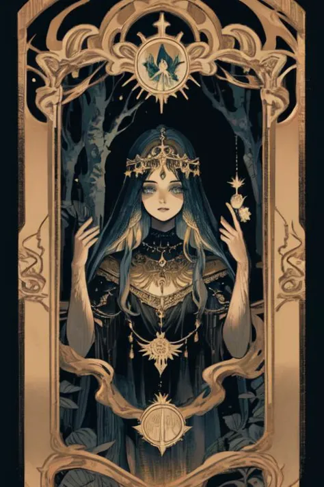 woman in a mythical forest, masterpiece, perfect face, intricate details, horror theme, <lora:Celestial_V2:1> tarot, black backg...