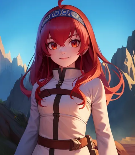 a woman with red hair and a white dress stands in front of a mountain