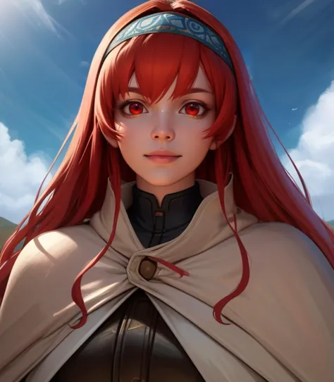 a woman with red hair and a cape is standing in front of a mountain