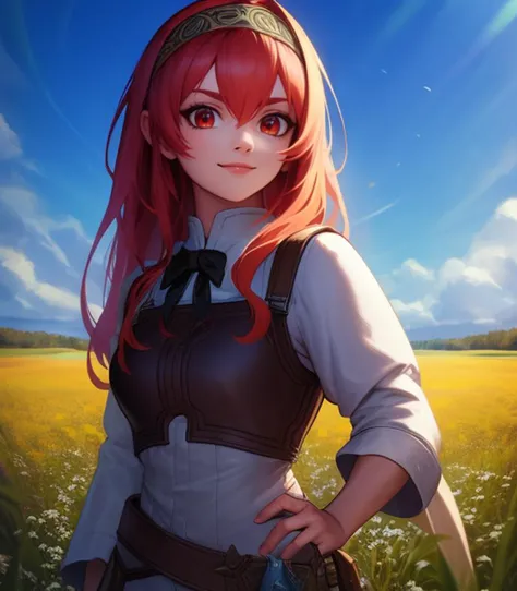 a woman with red hair and a brown vest standing in a field