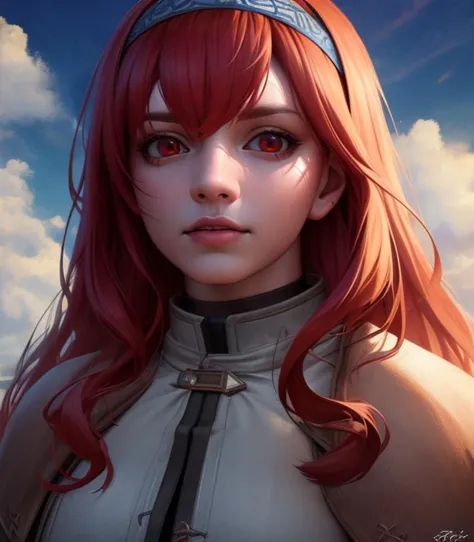 a woman with red hair and a headband in front of a cloudy sky