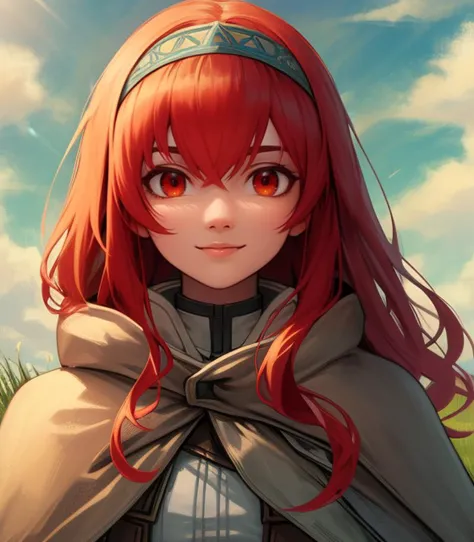 a woman with red hair and a cape is standing in a field