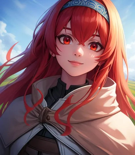 a woman with red hair and a headband standing in a field